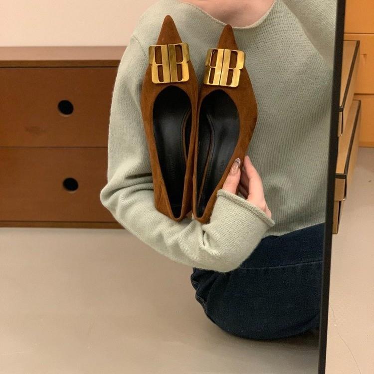 Large size pointed suede metal buckle shallow mouth single shoes women's new autumn and winter temperament stiletto high heels