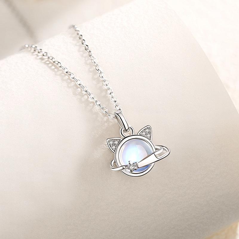 Flash Diamond Planet Collarbone Chain Student Temperament Colorful Moonstone Cat Pendant Necklace Exquisite Gift
