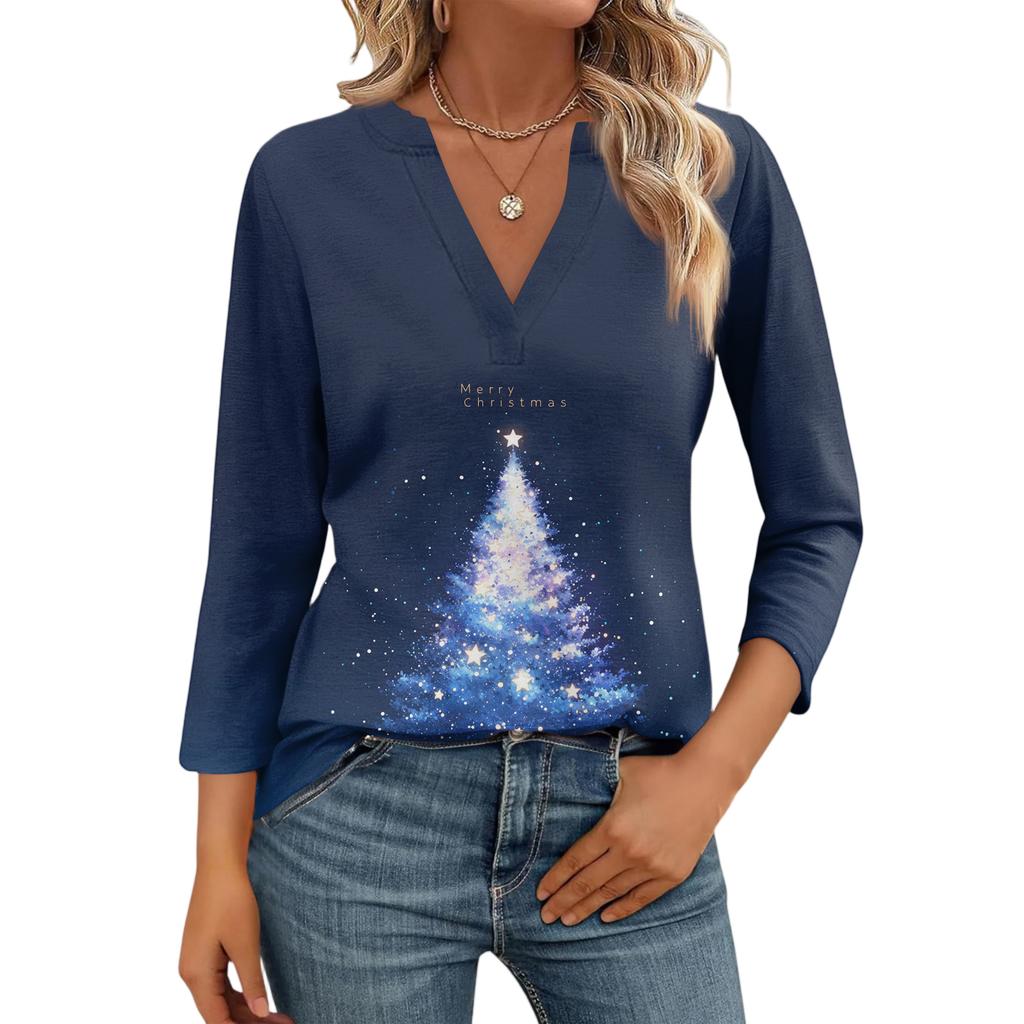 Women's Casual Fashionable Sexy Comfortable V-Neck Christmas Three-Quarter Sleeve Top