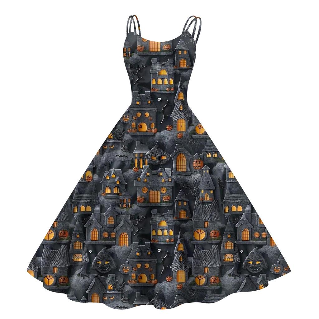 Women's Fashion Casual Halloween Print Sexy Off Shoulder Punk Retro Dress