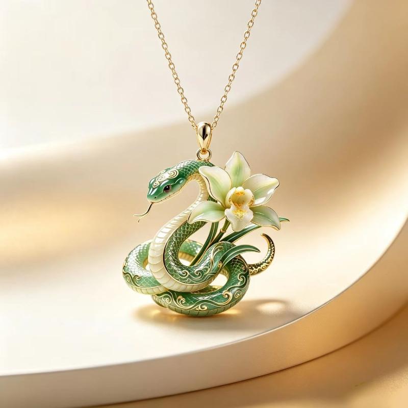 Vintage Jade Orchid Spirit Snake Light Luxury Keychain Pendant Elegant Snake Pendant Necklace For Girlfriend Jewelry Gift