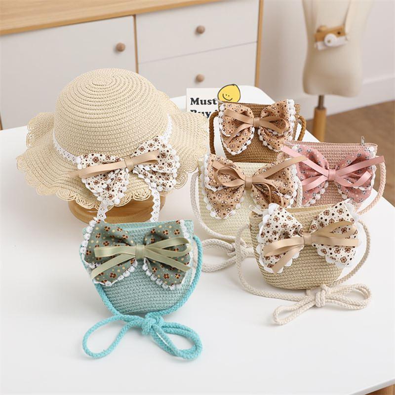 Childrens Summer Straw Hat And Bag Set With Wide Brim Sun Protection For Girls