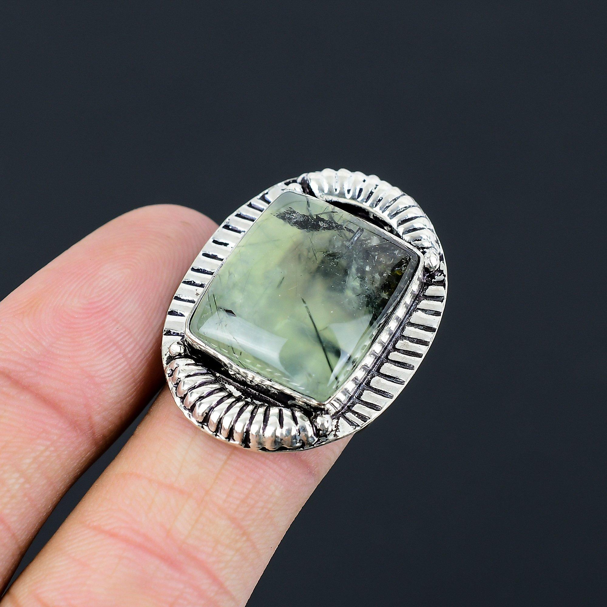 

Halloween Deal Natural Moss Prehnite Promise Ring Jewelry Size 8 Sterling Silver 8