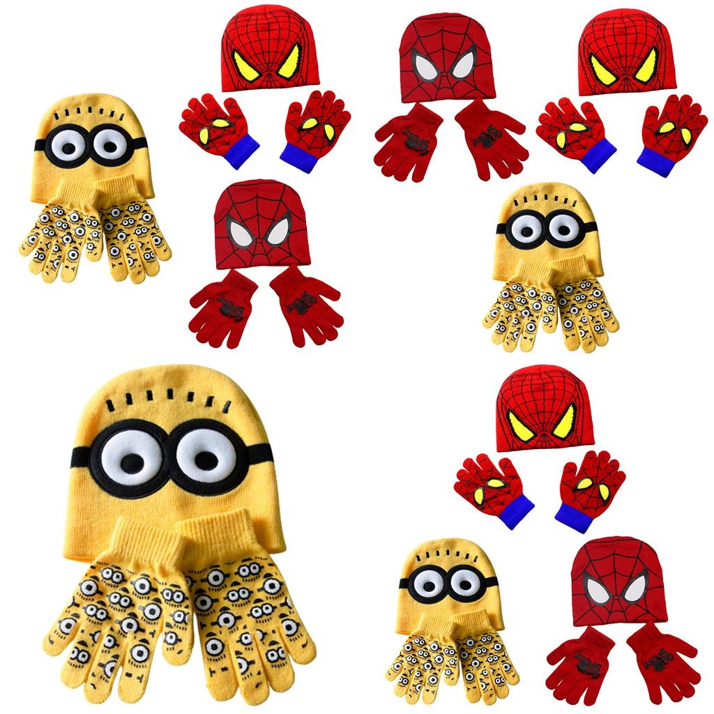 Stylish Children's Spiderman Minions Knitted Hat And Gloves Winter Warm Suit