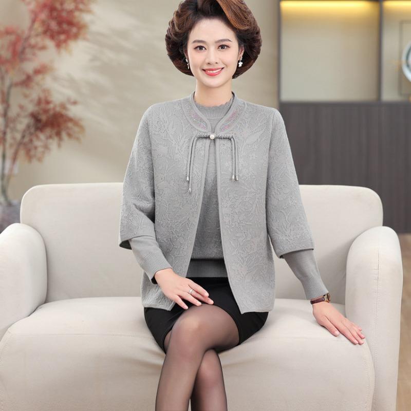 Middle-aged and Old Women's Knitted Cardigan, Mother-in-law Wedding Dress, Mother Autumn Sweater Two-piece Set