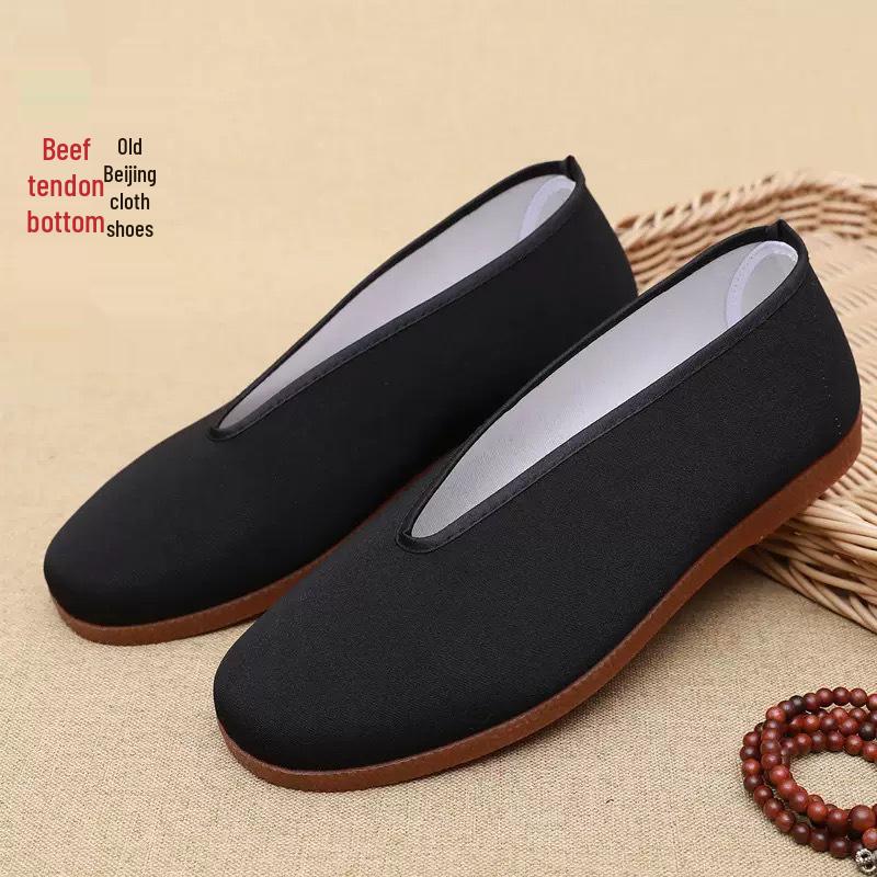 Męskie buty z tkaniny Old Beijing z okrągłym noskiem i podeszwą z ścięgna wołowego do Tai Chi i Kung Fu, Czarne