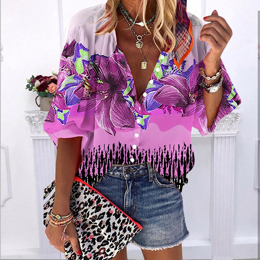 2023 sommer Herbst Neue Mode frauen Tops Schöne Weiße Lotus Blume. Bedrucktes, halblanges, lässiges Button-Down-Hemd in Übergröße mit Ballonärmeln