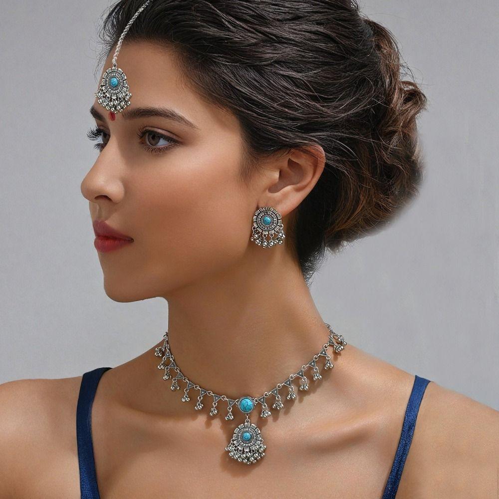 Fashion Tassel Necklace Earrings Set Ethnic Style Forehead Ornament New Women Jewelry Set  Gifts