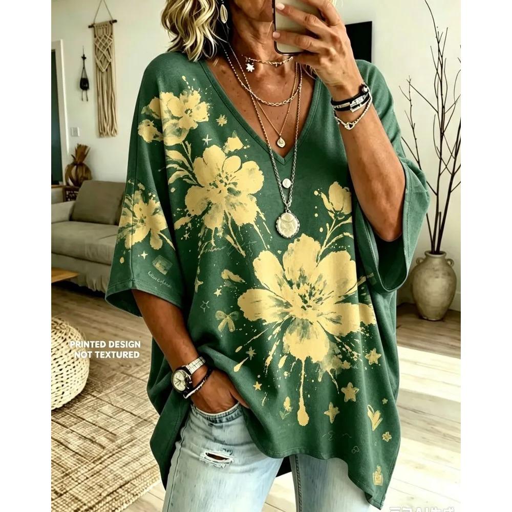 Women's Printed V-neck Short-sleeved, Casual Loose-fitting Dropped Shoulder Mid-sleeve T-shirt, Large Size