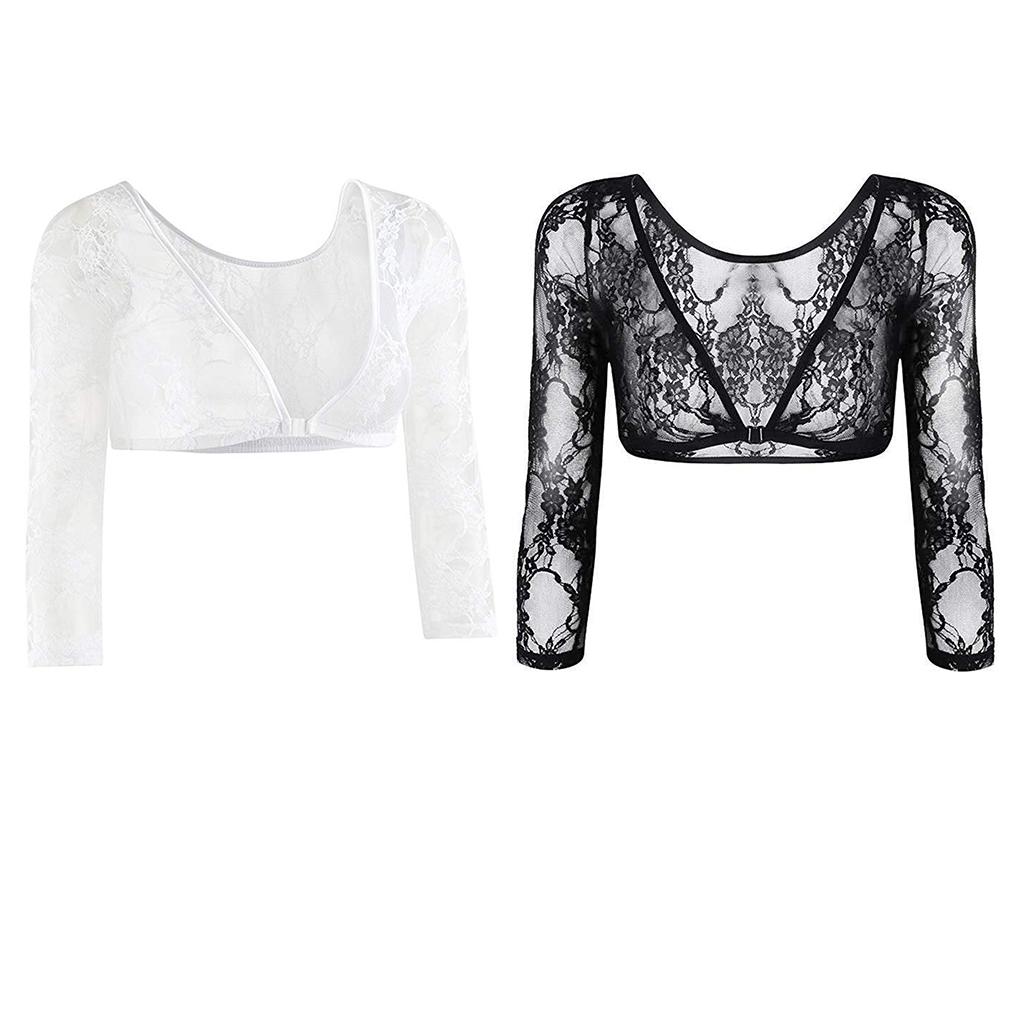 Women Girl Crop Top Solid Mesh Lace Open Front Long Sleeve Base T\-Shirt