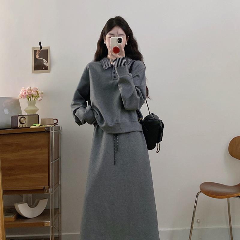Autumn 2025 Plus Size Women's Patchwork Sweatshirt & High Waist Midi Skirt Set