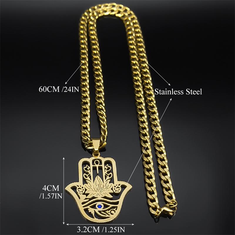 Collier Main Hamsa Lotus pour Hommes Acier Inoxydable Couleur Dorée Œil Maléfique Main de Fatima Cristal Bleu Pendentif Chaîne Bijoux 8075S05