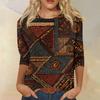 Damska Modna Casualowa Okrągły Dekolt Rękaw Trzy Czwarte Retro Nadruk Koszulka Top