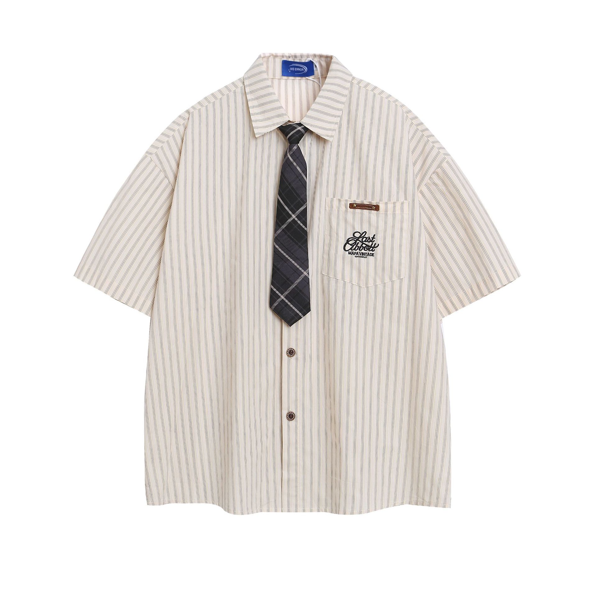 Men s clothing American retro campus trendy brand couple striped tie shirt short sleeve men s and women s M