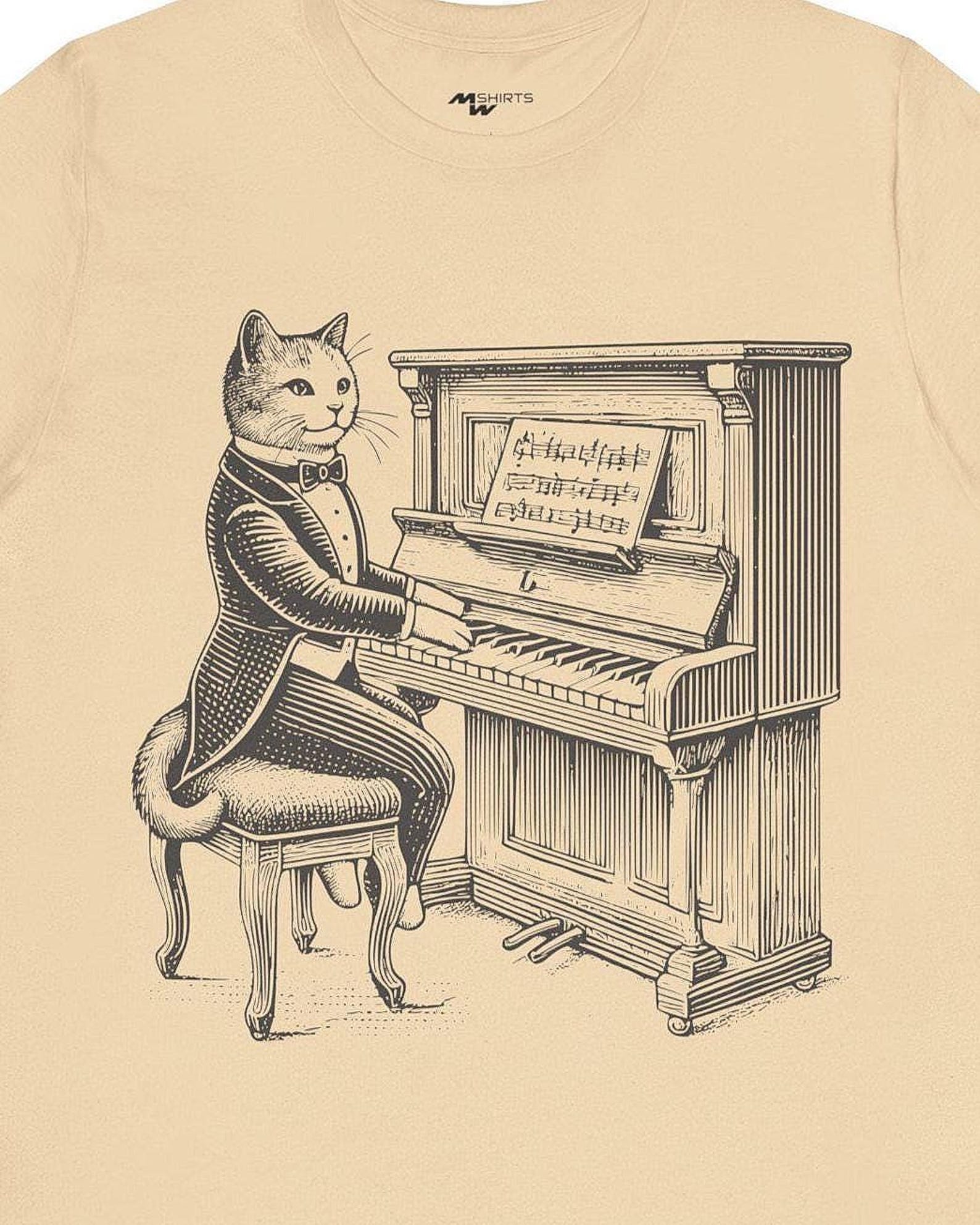 Engraving Cat Playing Piano T-Shirt - Musical Feline Art Music Lover Gift 3XL