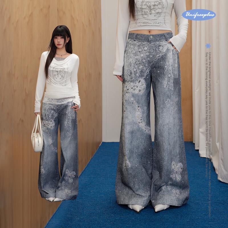 

UNIFREE Women s Plus Size Lace Print Flared Casual Pants XL