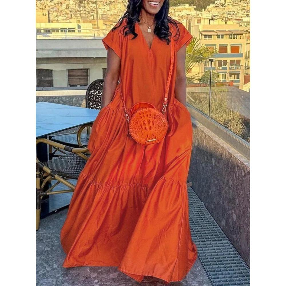 Women's V Neck Short Sleeve Maxi Dress Oversized Loose Waist Ruffle Tiered Big Swing Long Dress With Side Pockets For Spring Summer Street Vacation