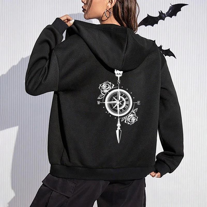 Vintage Clocks Print Hoodie for Woman Autumn Daily Casual Sporty Sweatshirts Female Urban Fashion Y2K Zip-up Coats Streetwear