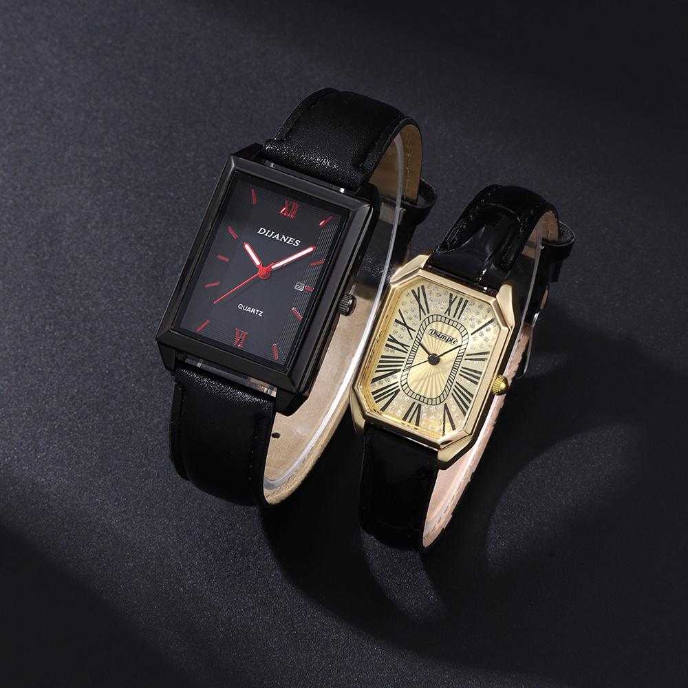 2pcs/set Couple Fashion Watch Set, PU Leather Strap Square Dial Roman Numeral Design Watch | Elegant Watches | Gifts