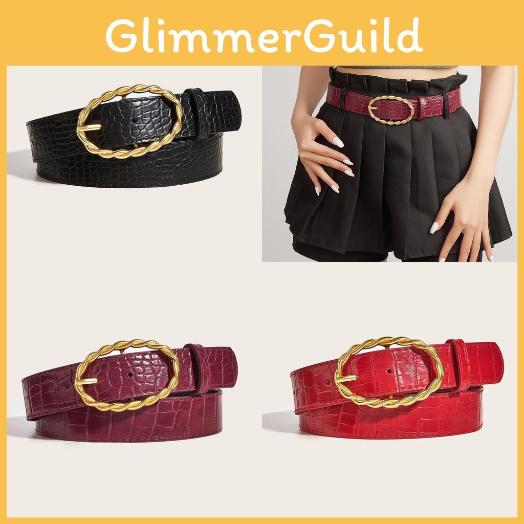 Stone Womens Grain Pu Leather Belt With Twists Oval Metal Buckle For Everyday