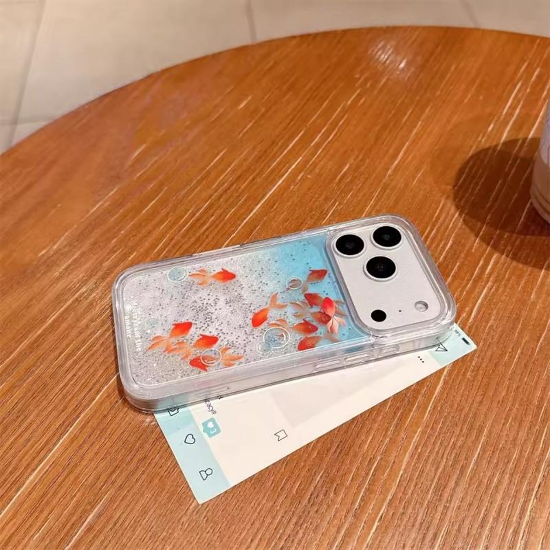 Goldfisch Treibsand Flüssighülle für iPhone 17 16 15 14 13 Pro Max Handyhüllen Rückseite Coque Dynamischer Glitzer Bewegender Sand Schale Funda