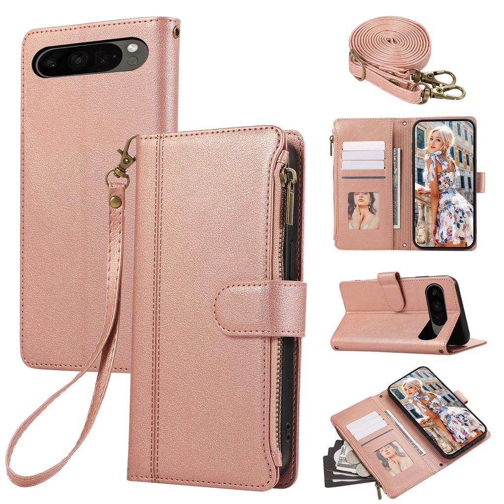 For Google Pixel 9 Pro XL Case Multi Card Slots Zipper Leather Phone Cover with Shoulder Strap/Wrist Strap