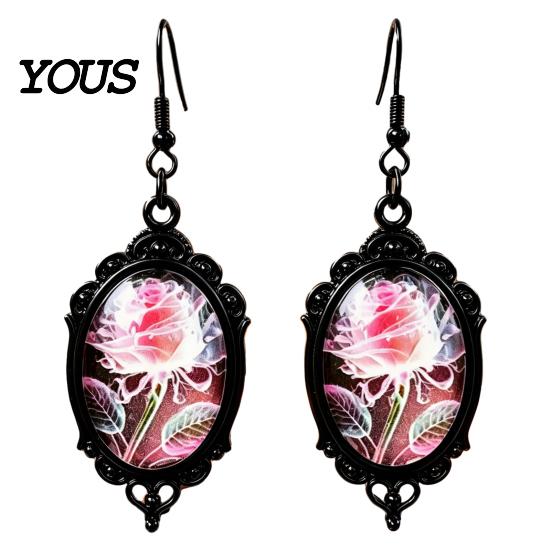 Gothic Earrings for Women 1 Pair Halloween Flower Earrings, Matte Black Oval Alloy Vintage Dangle Lightweight Stained Glass Rose Patterns Jewelry