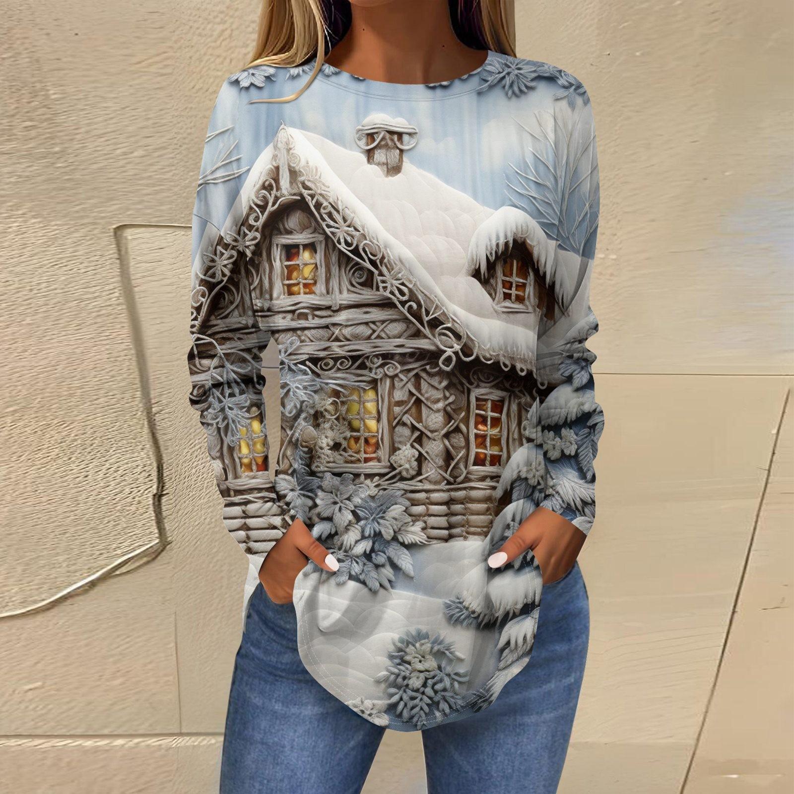 

Женская свободная футболка с круглым вырезом и длинными рукавами с принтом в стиле ретро, пуловер на Рождество S белый