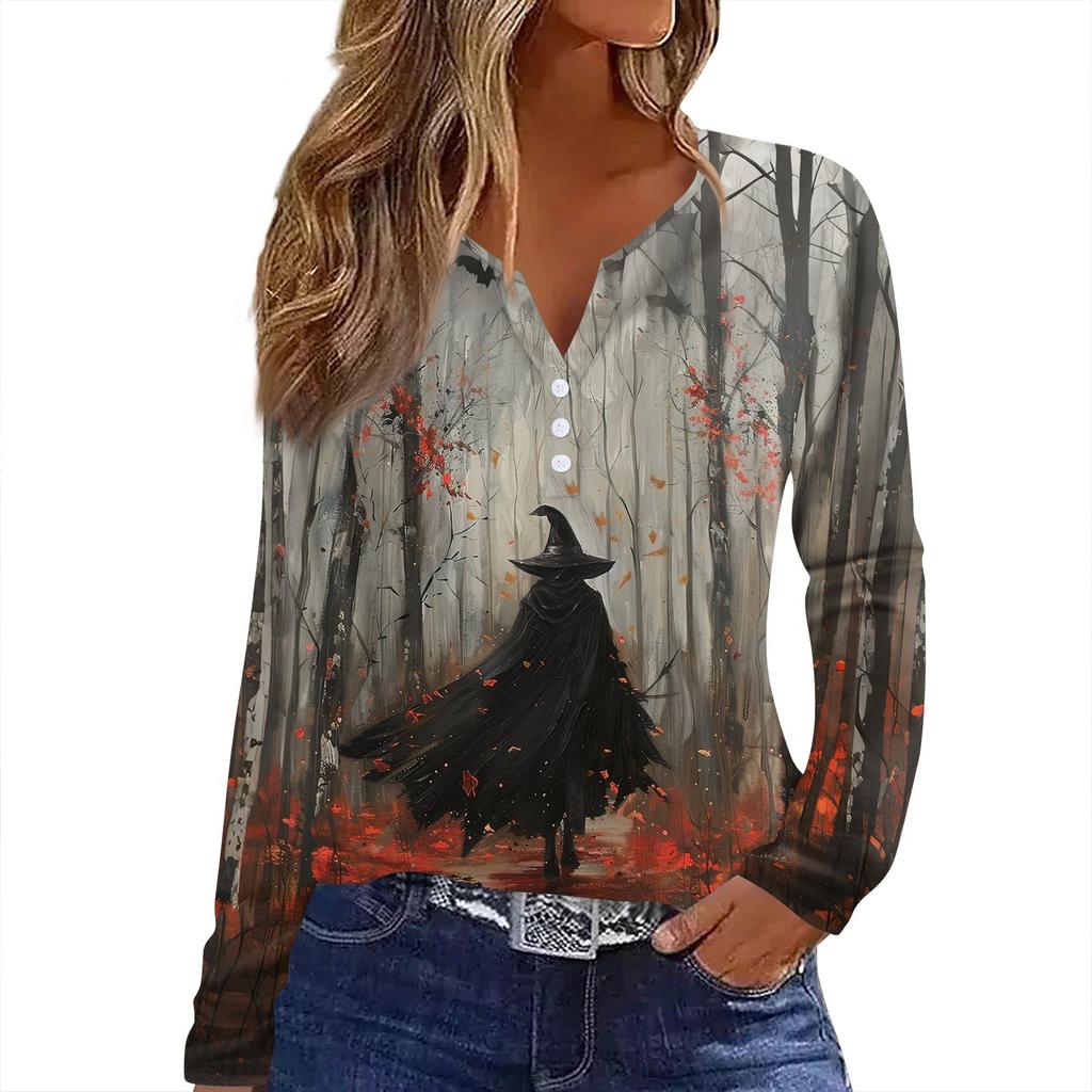 Women's T Shirt Tee HAlloween Print Button Long Sleeve Daily Weekend Fashion Basic V- Neck Regular Top