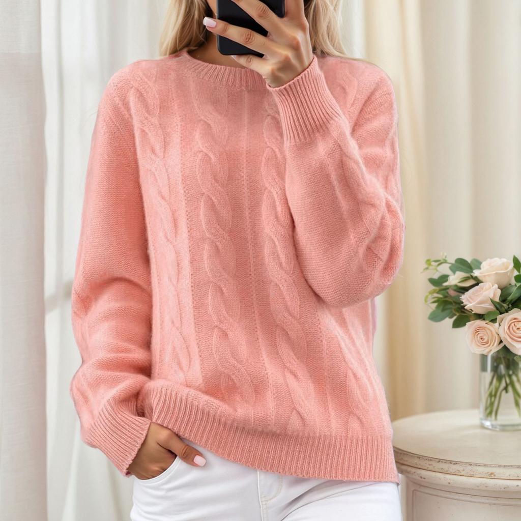 Autumn Winter Round Neck Solid Color Jacquard Knit Sweaters Retro Pullover Women's Sweaters