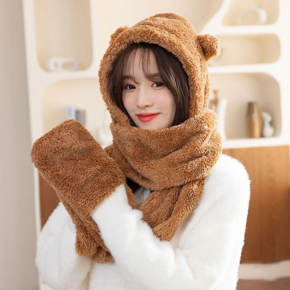 3 in 1 Plush Scarf Hat Gloves Earmuffs Fleece Scarves Hat Sweet Bear Ear Plush Beanie  Autumn