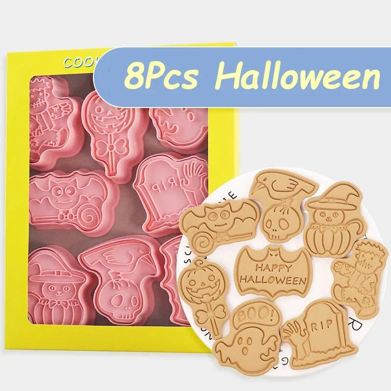8Pcs Halloween Cookie Cutters 3D Pumpkin Ghost Skull Pressable Biscuit Mold Cookie Stamp Cake Decorating Tool Baking Accessories