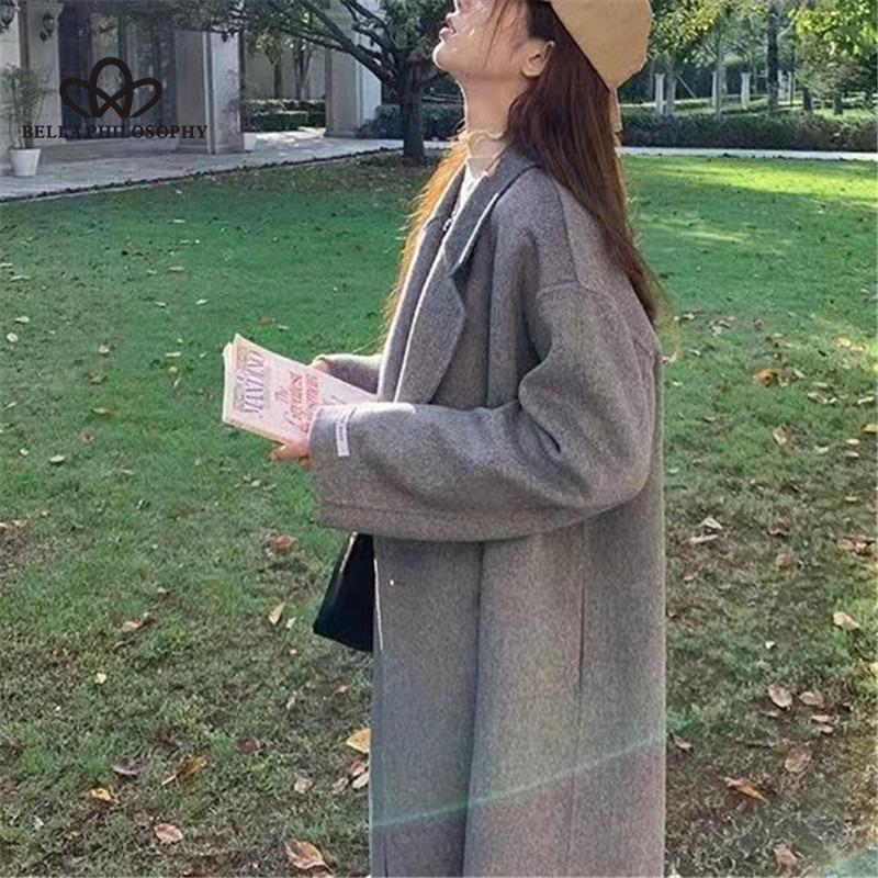 Cappotto di Lana di Media Lunghezza Stile Coreano Cappotto di Lana Doppiopetto Cappotto Coreano con Revers Largo