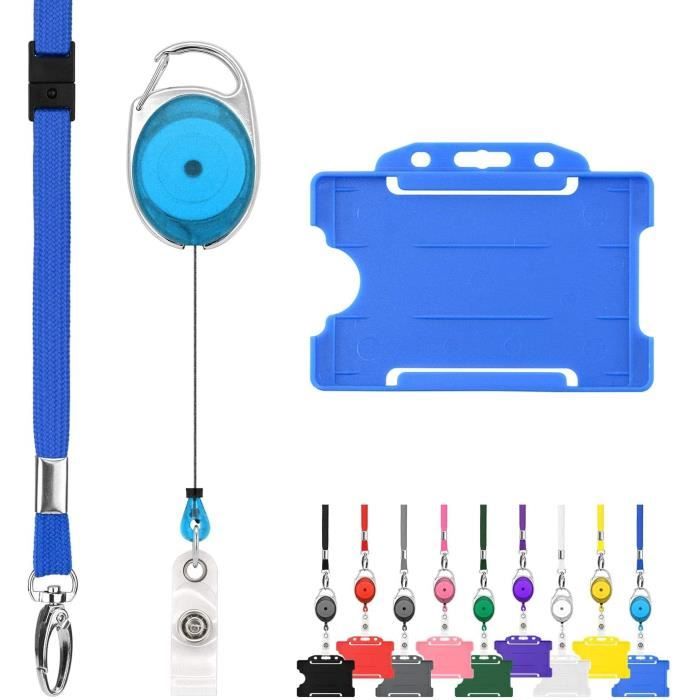 Lanière Tour de Cou - Bleu - Set de 3 - Porte-Badge Rigide - Clip Rétractable - Cordon Sécurisé