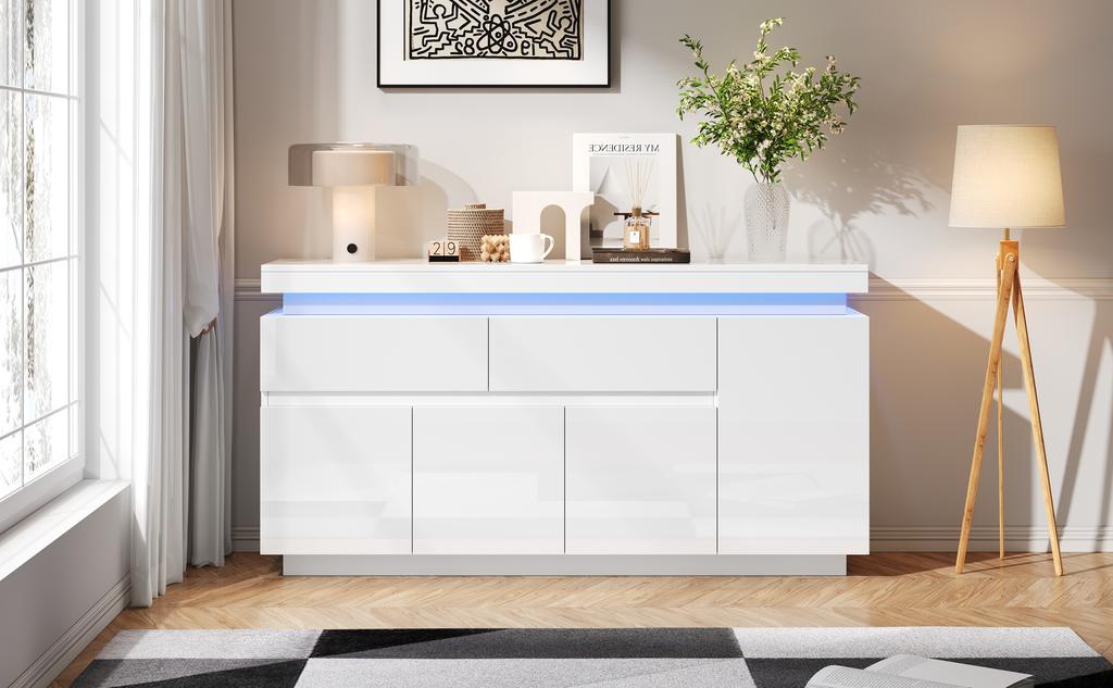 140 x 35 x 72,5 cm Mobile Soggiorno, Credenza, Buffet, Mobile Laterale con 2 Cassetti, Finitura Lucida, Armadietto con 4 Ante, LED, Bianco