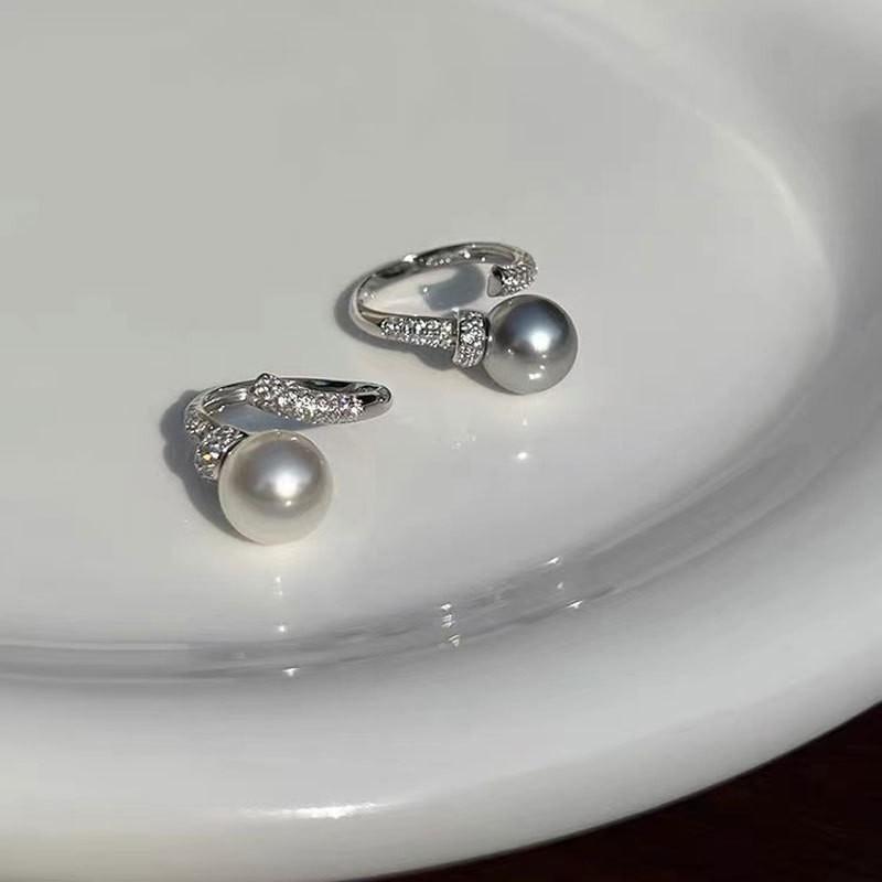 Genuine White Grey Pearl Open Ring for Women Wedding Zircon Sterling Silver Rings Fine Girl Birthday Gift