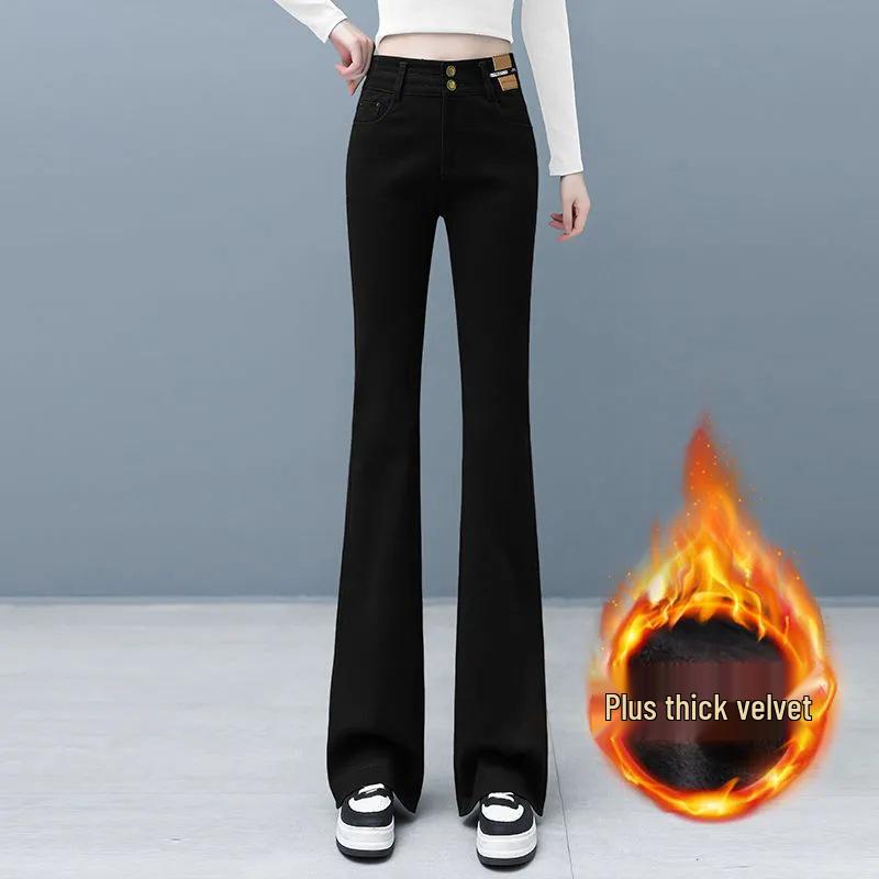 Women's High-Waisted Micro-Flare Jeans - Autumn/Winter, Slim-Fit, Stretchy, Plus Velvet, Casual Flare Pants