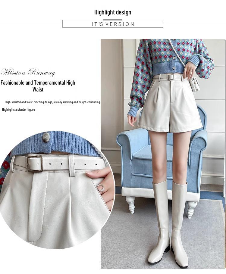 2024 Podzim/Zima Dámské černé šortky z PU kůže s vysokým pasem a zeštíhlujícím efektem