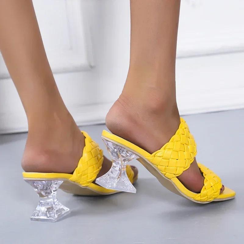 fashion Summer Women Mules Design Slippers Sandal Slides Braided Cord 7cm Transparent Heels Women Shoes Female Size 36-43