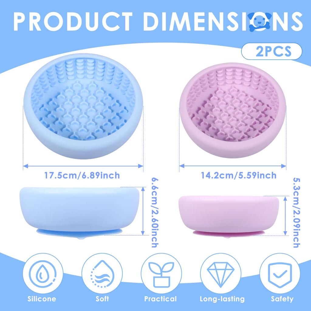 2Pcs Dog Lick Bowl Silicone Slow Feeder Dog Bowl with Suction Cup Base Anti Choking Pet Slow Licking Bowl Pet Supplies (S + L)