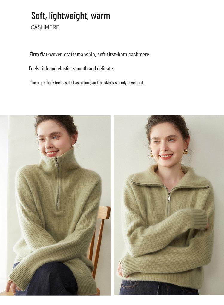 Women's Cashmere Stand Collar Zipper Sweater - Loose Fit Pullover & Cardigan