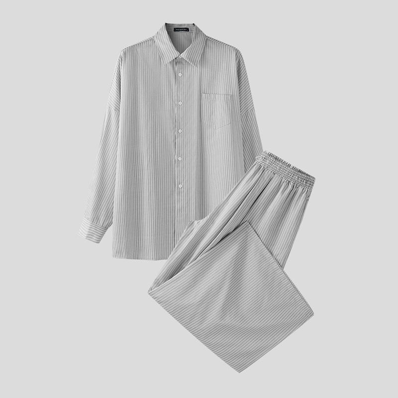 INCERUN Two Pieces Men Lapel Neck Long Sleeve Striped Shirt Long Wide Leg Pants Sets Outfits