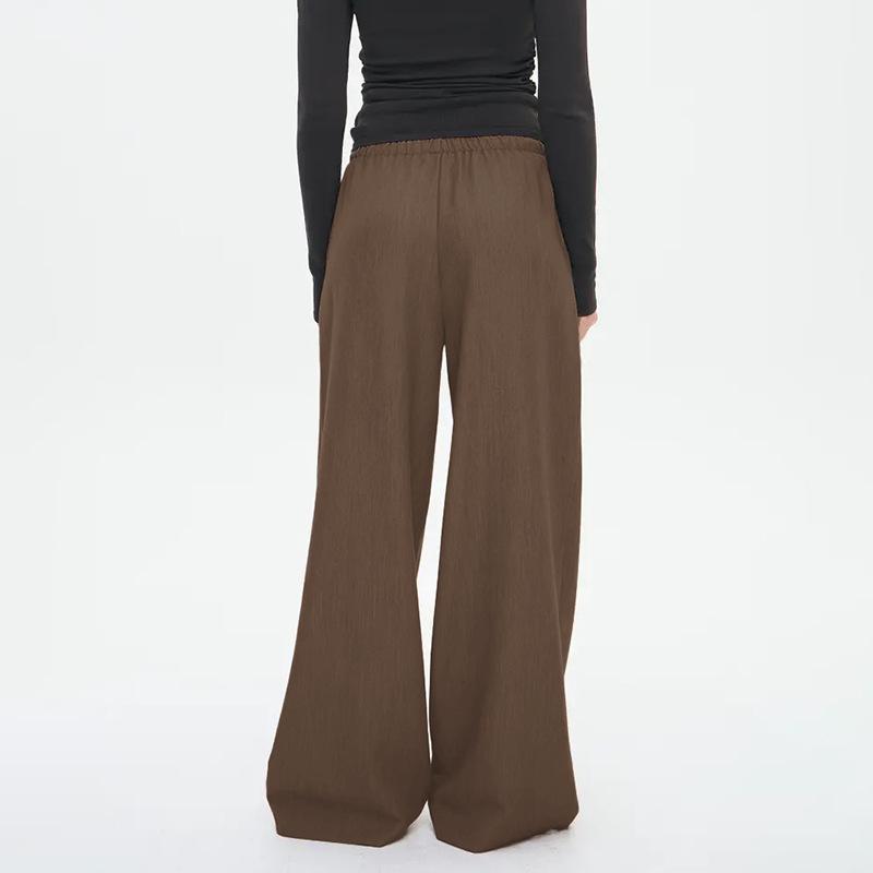 Solid-color Casual and Versatile Stretched-waist Drawstring Straight-leg Long Pants for Women