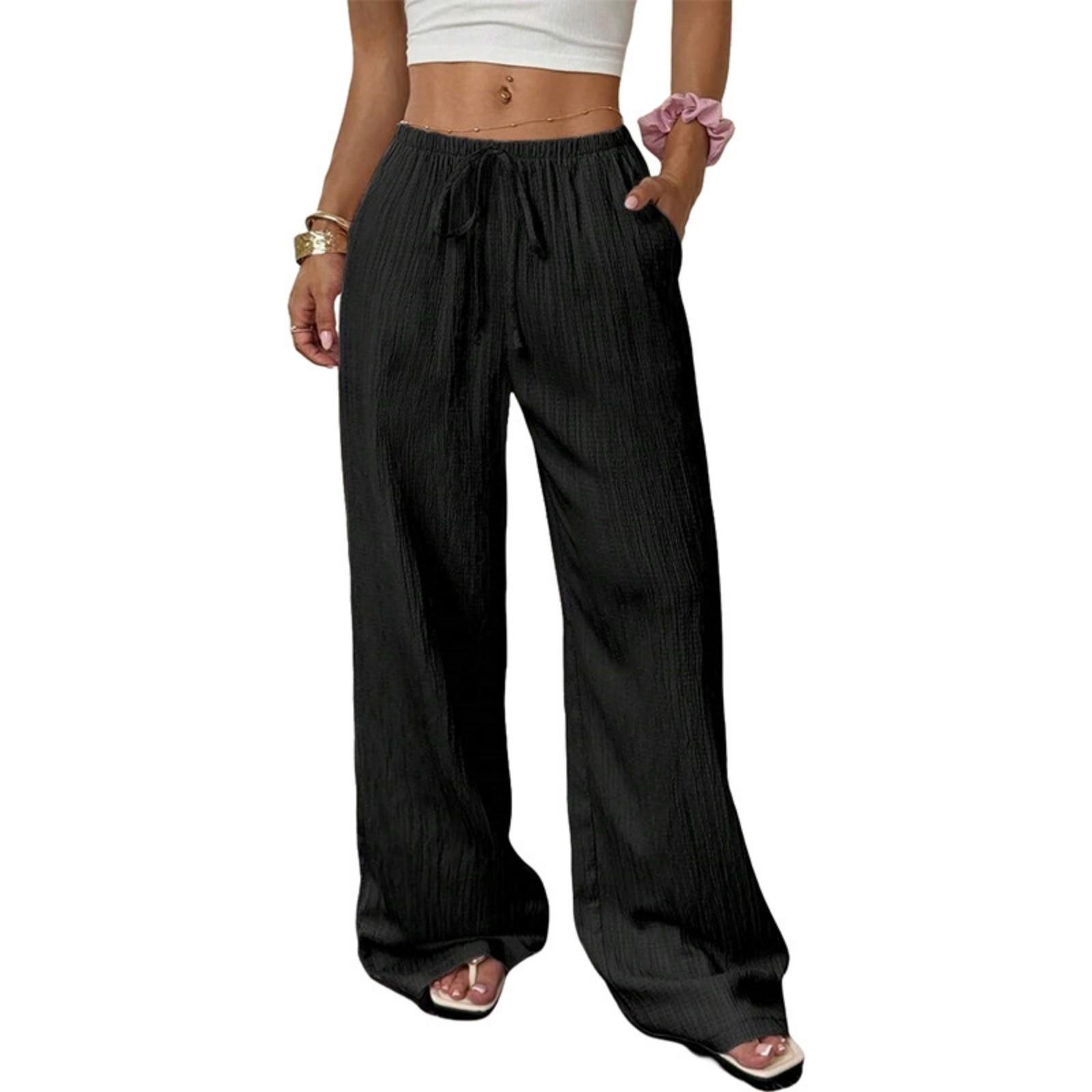 

Fashion Women s Versatile Drawstring Casual Solid Color Pleated Wide-leg Pants For Women L чорний