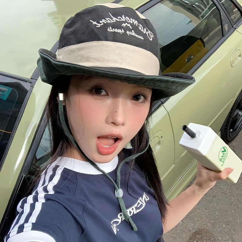 Stylish Japanese Color Block Embroidered Fisherman Hat For Women Summer Travel Sun Protection