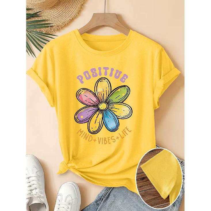 Women's Elegant Short-Sleeve Gift with Rainbow Daisy Positive Energy Quote Print Pattern and Vintage Round Neck T Fresh and Natural Style
