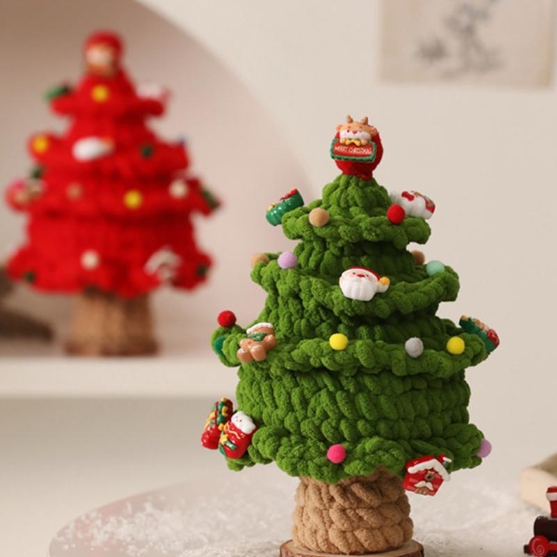 Crafted Holiday Knitted Christmas Tree Wooden Base Ornament Featuring Holiday Accents For Desktop Decoration