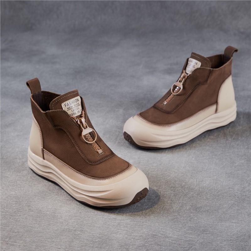 Johnature Botas Curtas Retrô de Couro Genuíno com Sola Grossa e Zíper Frontal Sapatos de Plataforma Casuais