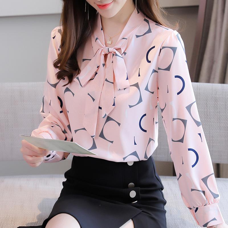 Chiffon Bow Blouse Women 2021 Office Lady Shirt Autumn Geometry Long Sleeve Tops Necktie Bowknot Pullover