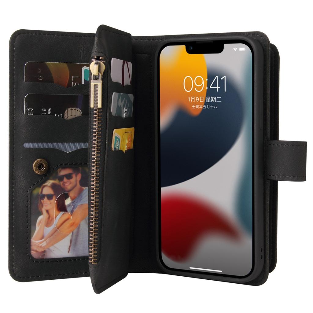 For iPhone 15 Zipper Wallet Case with 15 Card Slots and Strap Leather Phone Cover
